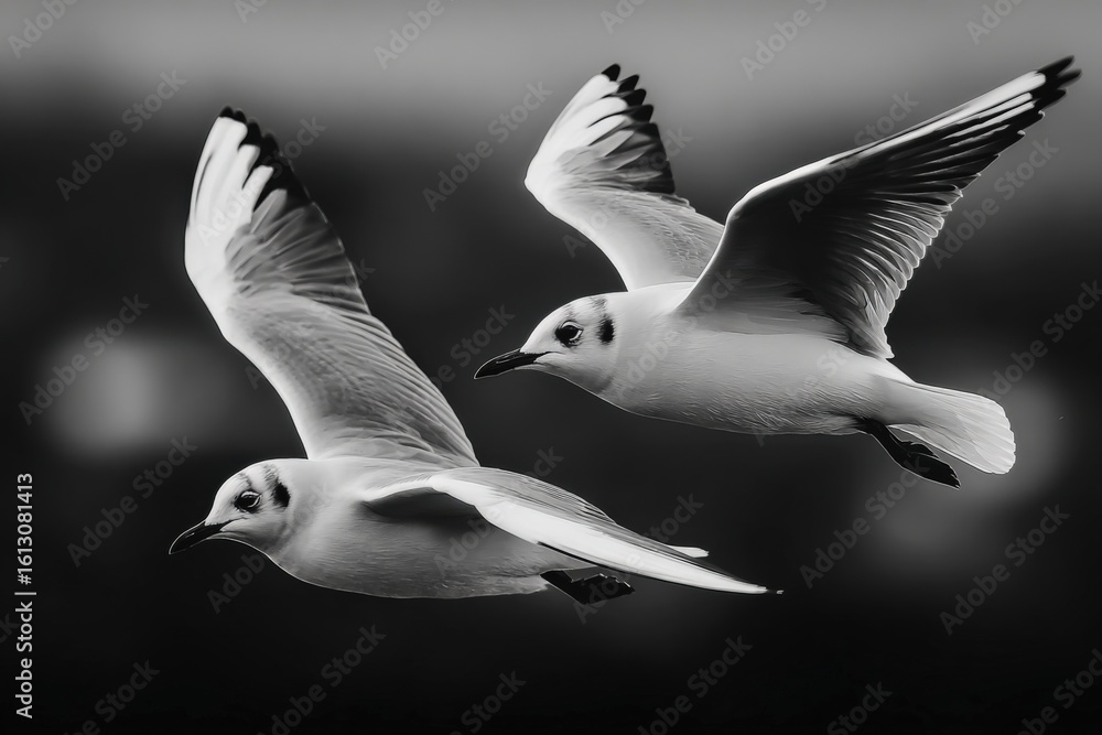 Fototapeta premium Close-Up Black and White Photography of Flying Seagulls with Spread Wings Over Ocean Sky Du Daytime