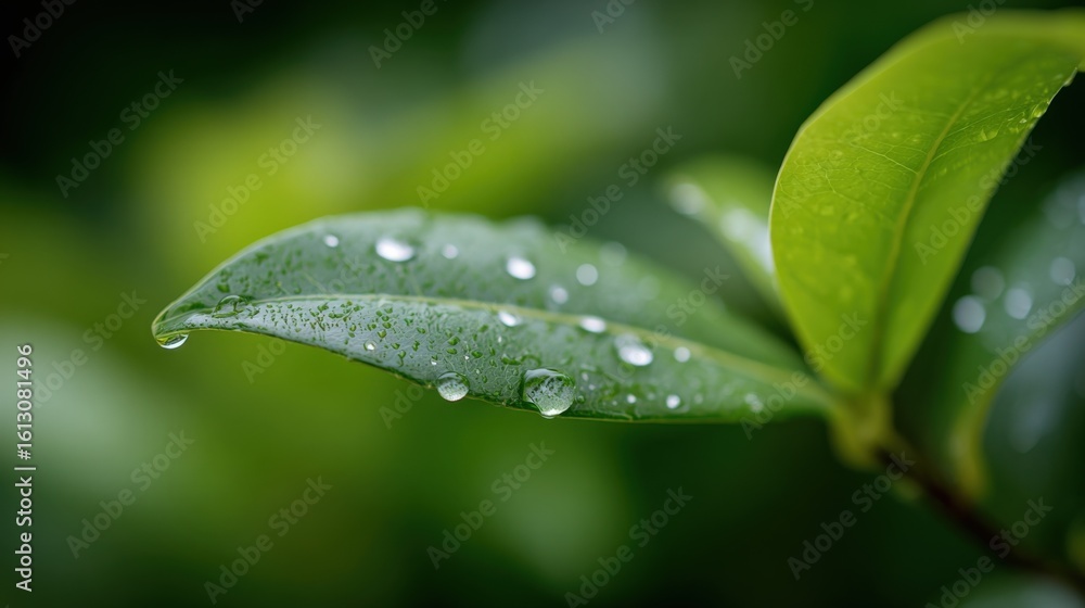 Fototapeta premium Close-up of vibrant green leaf with water droplets on surface, fresh nature background, detailed organic plant with dew, outdoor greenery scene
