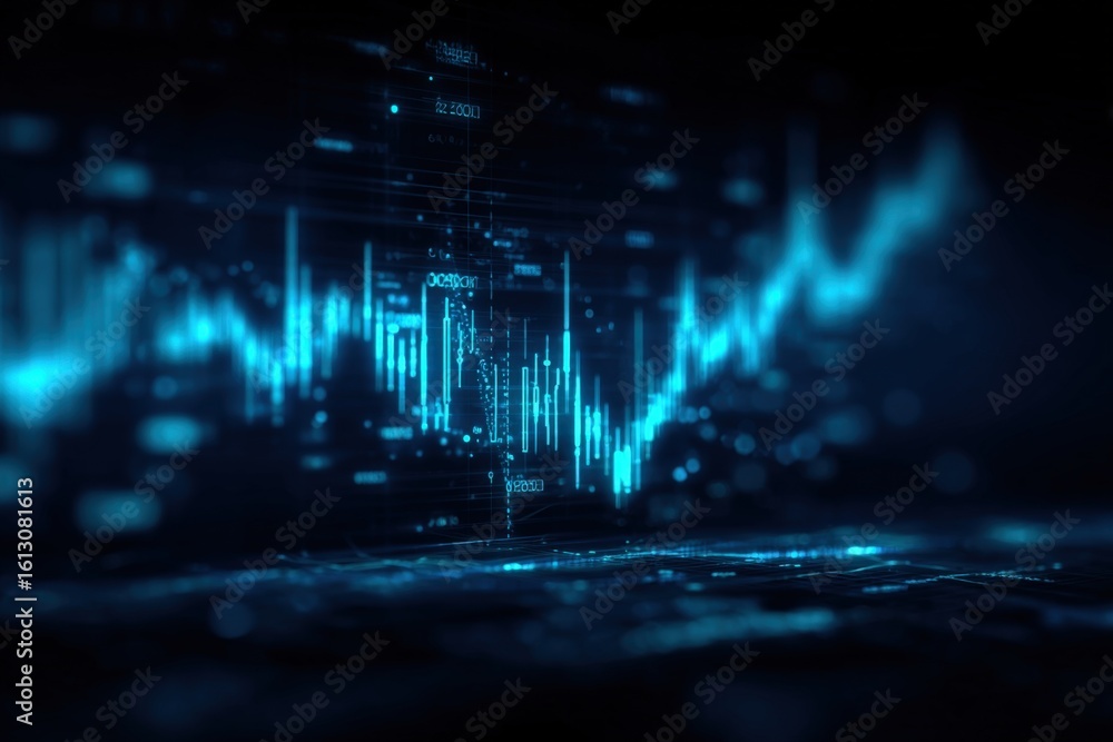 Obraz premium Futuristic digital stock market analysis visualization with glowing blue data charts and graphs representing financial trends on dark background