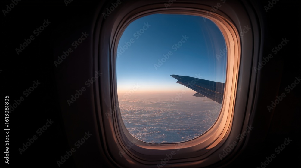 Fototapeta premium View of an airplane wing and the horizon over clouds seen through an airplane window du sunset or sunrise with warm glow and sky colors