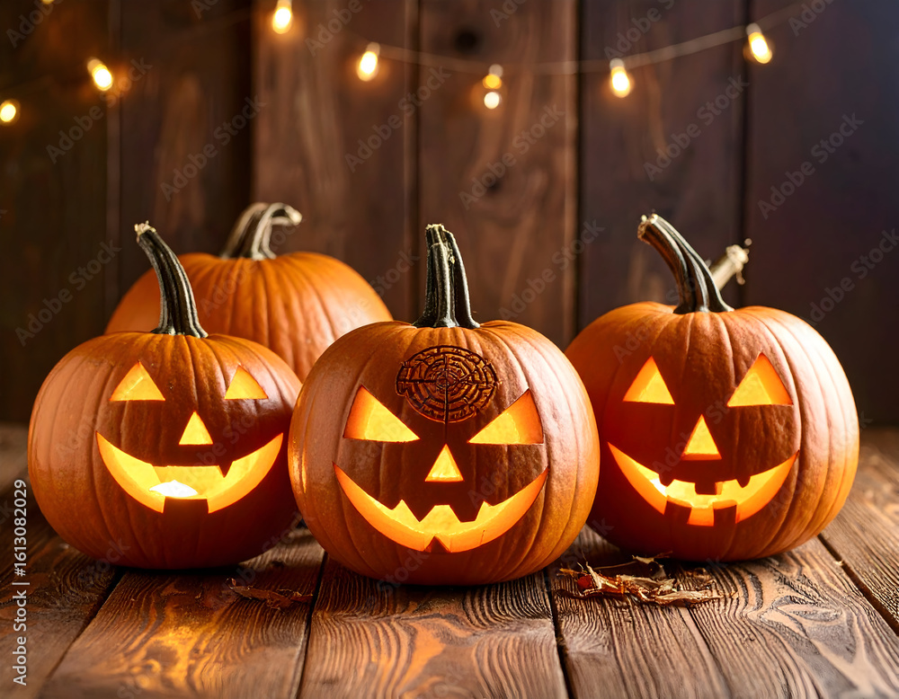 Fototapeta premium Illuminated carved pumpkins halloween decor