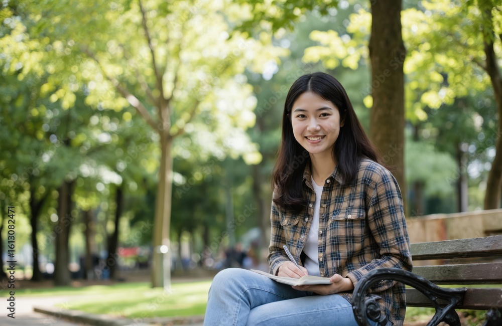 Young woman sits on metal bench in park. Dressed in brown plaid shirt, blue jeans. Smiles at camera surrounded by green trees, grass. Creating peaceful, relaxing atmosphere. Friendly expression. Young woman sits on metal bench in park. Dressed in brown plaid shirt, blue jeans. Smiles at camera surrounded by green trees, grass. Creating peaceful, relaxing atmosphere. Friendly expression.