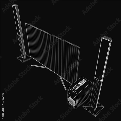 A 3D wireframe model of a home theater system features a television, speakers, and a subwoofer on a sleek black background. The detailed rendering highlights clean lines and modern design elements.