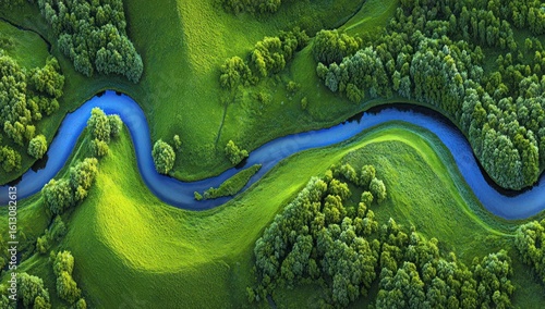 Aerial view of a winding blue river through lush, bright green hills dotted with trees. Curving water contrasts the vibrant landscape