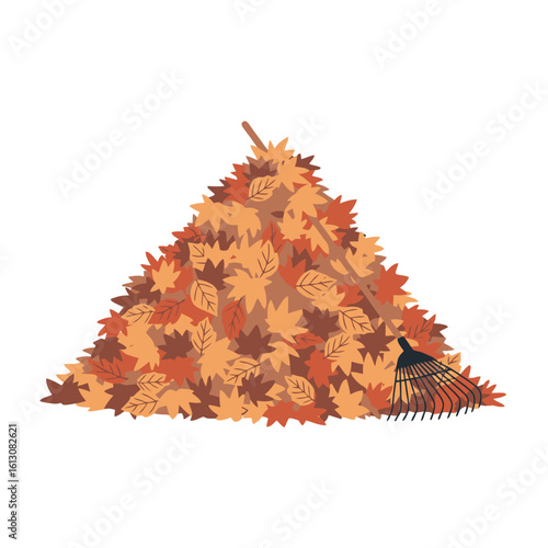 Pile of colorful autumn leaves and rake. Fall season yard work, clean-up, and gardening illustration