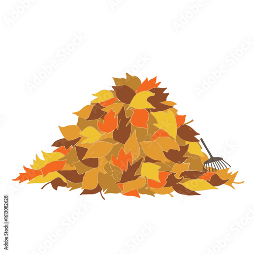 Autumn Leaf Pile with Rake Illustration. Fall Season Yard Work and Cleanup Concept.