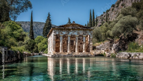Ancient Greek temple ruin with columns sits in a clear, reflective pool amidst lush greenery and rocky cliffs under a bright blue sky