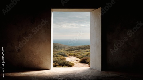 Open Doorway Leading to Scenic Landscape with Hills and Sky