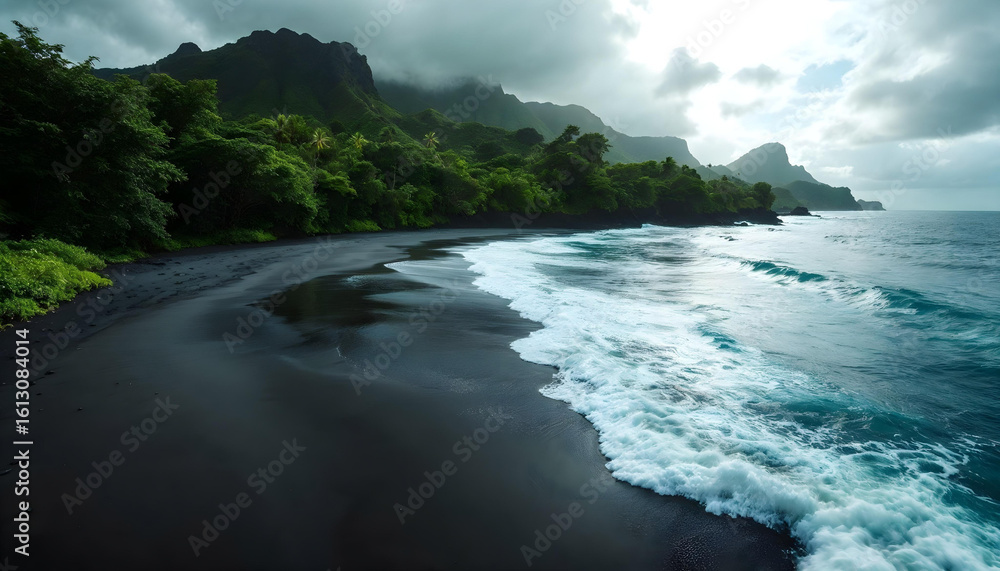 Fototapeta premium Aerial View of Black Sand Beach with Turquoise Waves and Lush Green Cliffs – Dramatic Tropical Coastline with Misty Atmosphere, Perfect for Travel, Nature, and Landscape Photography Concepts
