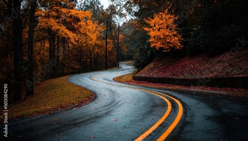 Curvy road winds through an autumn forest. Orange and brown leaves adorn the trees and ground. Two yellow lines guide traffic through the wet pavement path