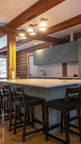 Wallpaper Mural The beautiful interior design of a modern rustic kitchen and dining room in a Latvian log cabin, featuring exposed wooden beams, a large kitchen island, and a view of a snowy winter landscape. Torontodigital.ca