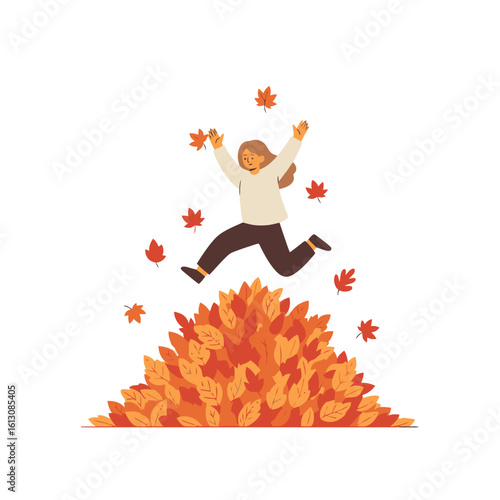 Autumn joy: Happy person jumping in a pile of vibrant fall leaves illustration