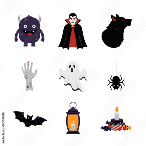 Halloween Spooky Cartoon Characters and Elements Vector Illustration Set