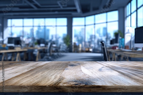 Wallpaper Mural Wooden tabletop in focus with modern office interior blurred in background for product display or mockup presentation concept scene setup. 3D Rendering. High quality Torontodigital.ca