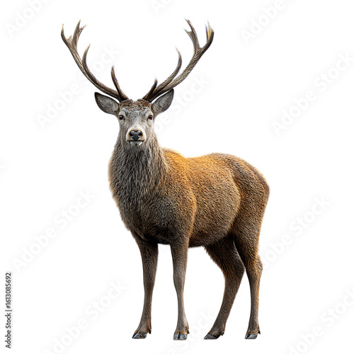 A majestic stag with large antlers stands proudly in a natural setting on transparent background