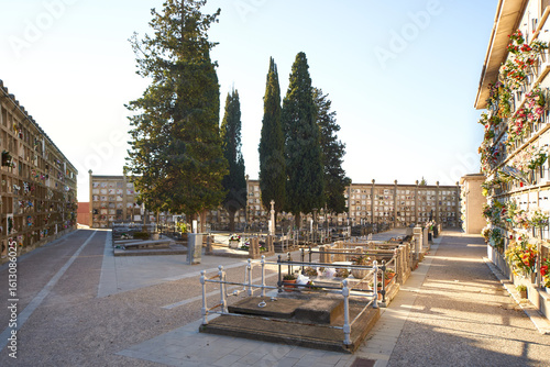 View of a Christian cemetery square during the day with niches on the sides and tombs with cypress trees in the center with the sun