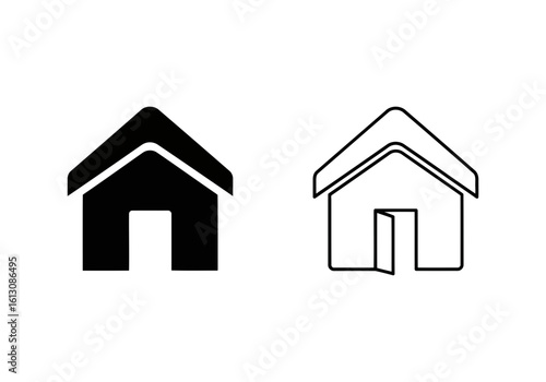 Vector illustration of two icons of a house, one solid black and one outlined, representing home and property, isolated on a white background