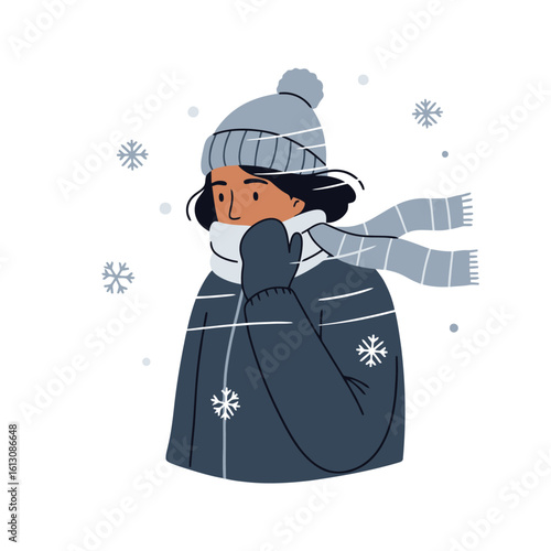 Person in winter clothes feeling cold. Flat vector illustration of a bundled-up individual with scarf, hat, and snowflakes.