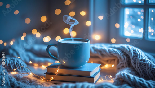 Dreamy blue mug with rising steam, resting on books with twinkling fairy lights. Soft bokeh & warm blanket. Ideal for comfort, winter, and peaceful aesthetic themes