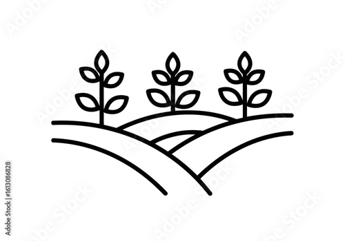 Vector illustration of three young plants grow on rolling hills in a stylized line art illustration