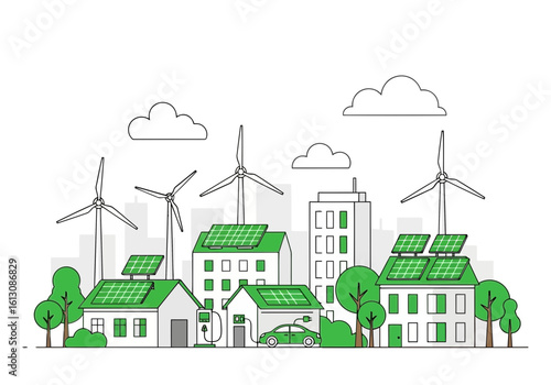 Vector illustration of a sustainable city skyline features green buildings with solar panels and wind turbines