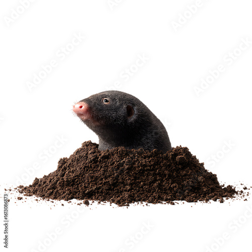 A small mole peeks out from a pile of dirt, isolated on a transparent background on transparent background