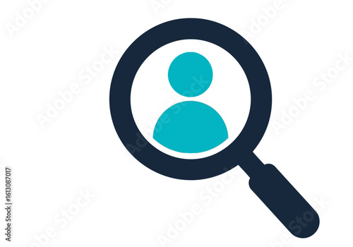 Vector illustration of magnifying glass focused on a person icon, representing search and analysis, isolated on white background