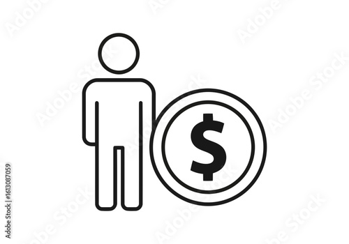 Vector illustration of a person stands next to a large coin with a dollar sign, representing financial concepts and monetary value