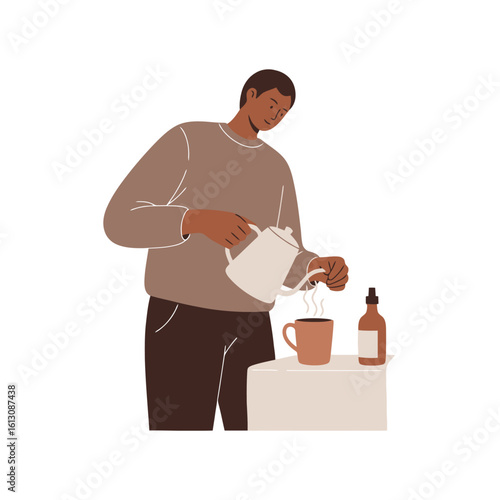 Man pouring hot beverage from kettle into mug. Flat vector illustration of daily routine and drink preparation.