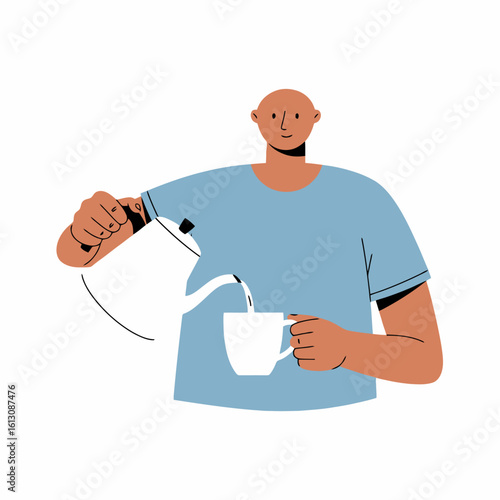 Person pouring hot beverage from teapot into mug, simple flat vector illustration of daily routine