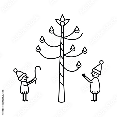 Elves cheerfully hanging candy canes during holiday decorating in Christmas line art illustration
