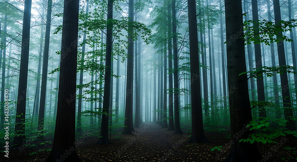 Naklejka premium Mystical forest path through dense woodland for nature conservation and environmental awareness concepts