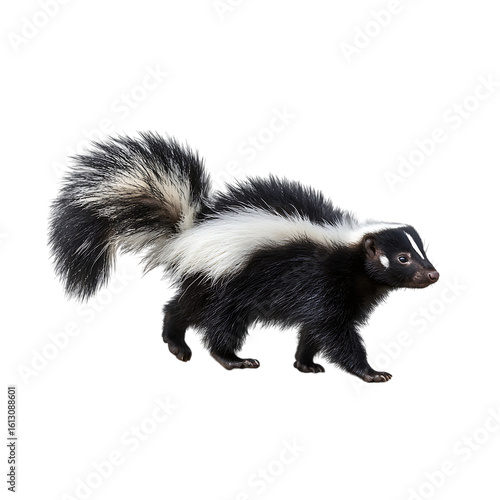 A skunk walks across a transparent background with its bushy tail held high on transparent background
