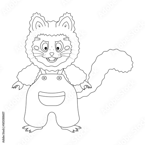 Male kitten. Cat in overalls. Sketch. Vector illustration. Outline on isolated white background. Doodle style. Cat with fangs, whiskers and tail in suspender pants with pocket and buttons. Coloring.