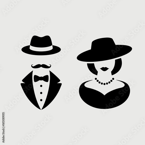 Cavalier vector silhouettes of a refined man and woman. Suitable for invitations, posters, and classic design elements in various projects.