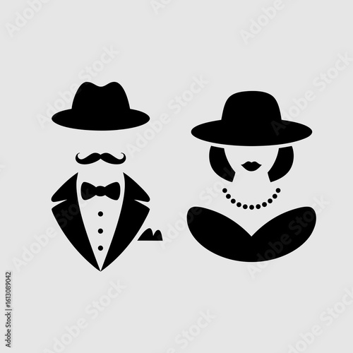 Cavalier vector silhouettes of a refined man and woman. Suitable for invitations, posters, and classic design elements in various projects.