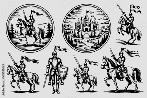 Cavalier vector illustrations suitable for medieval themed designs, logos, branding, apparel, and historical projects. Perfect for knights and castle enthusiasts.