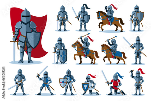 Cavalier vector cartoon knights in armor with swords and shields, ready for battle. Suitable for medieval themed designs, books, and games.