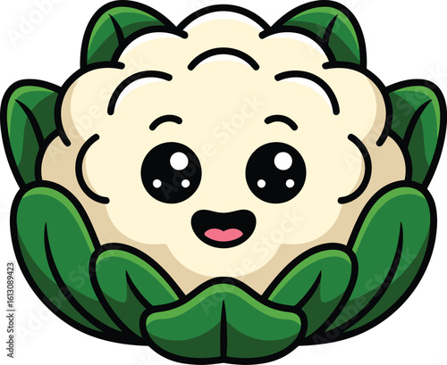 Vector Illustration of a Cute Cartoon Cauliflower Character with Smiling Face and Green Leaves ? Perfect for Healthy Food and Educational Designs