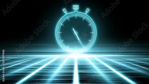Futuristic stopwatch graphic over a digital grid