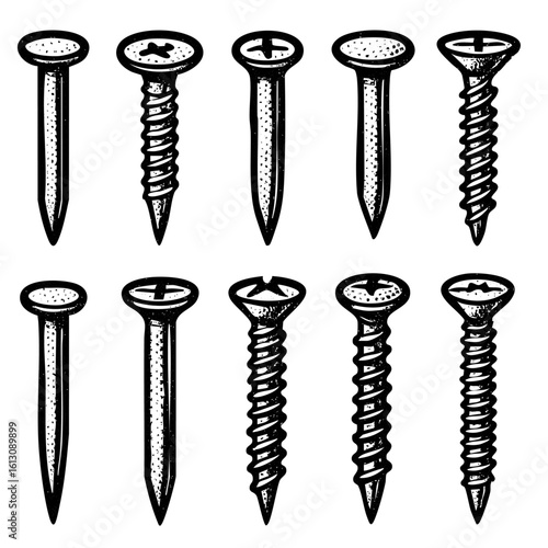   Screws and Nails Halftone Set – Comic Style Hardware Collection Illustration