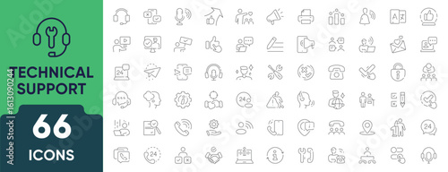 Technical Support Line Icon Set. Features 66 outline icons for IT help, customer service, troubleshooting, tools, support systems, and communication. Editable stroke.