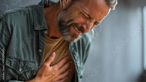 A man holds his chest with his hand, possibly indicating chest pain or discomfort, against a neutral background.