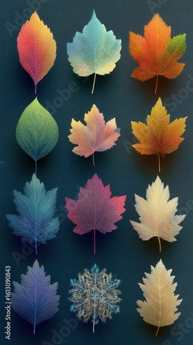 Colorful collection of leaves arranged in artistic display on a dark background showcasing autumn and winter variations