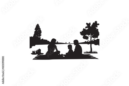 Silhouette of a family having a picnic by the lake with trees in the background creating a peaceful and serene outdoor scene perfect for family