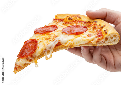 Hand holding a slice of pepperoni pizza isolated on transparent background