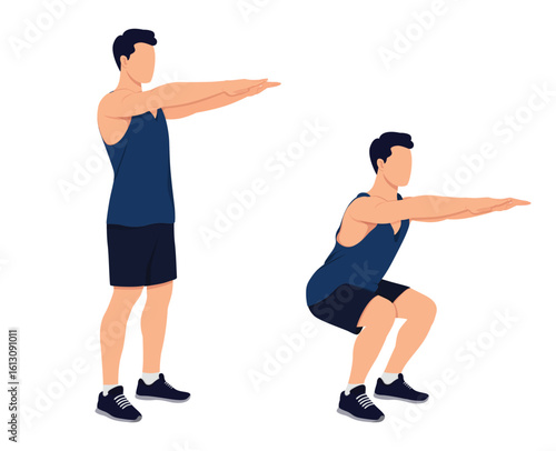 How to make a squat. Workout time muscular  man doing squat exercises. Muscular man showing a squat exercise, side view, step by step.  Vector illustration.