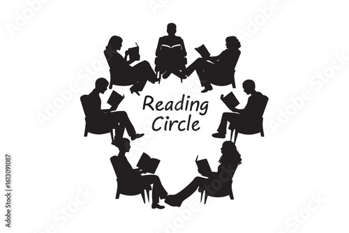 Silhouette illustration of a reading circle with people sitting in chairs reading books forming a circle promoting literacy education and community engagement in a book