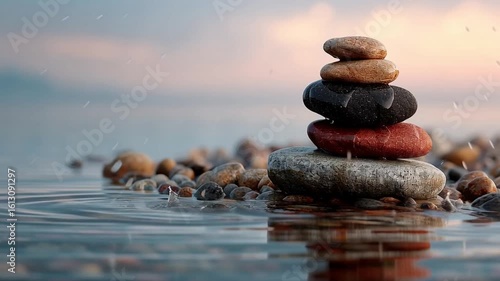 A stack of smooth stones balanced on each other sits in shallow, calm water with a blurred background.