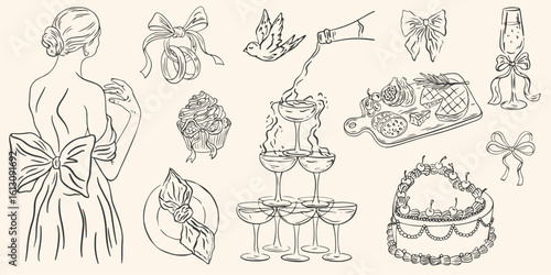 Hand drawn chalk wedding illustrations. Food and romantic dinner icon. Champagne tower, cake, charcuterie, bows drawings for wedding invitations, cafe menus and parties. La dolce vita
